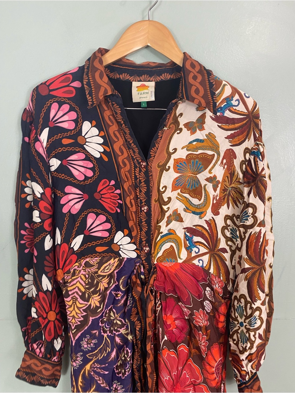 Farm Rio Miranda Long Sleeve Floral Faux Wrap Midi Dress Button Front L Chemise - Picture 3 of 9
